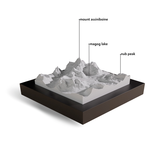 Model of a mountainous landscape with labeled peaks on a white background