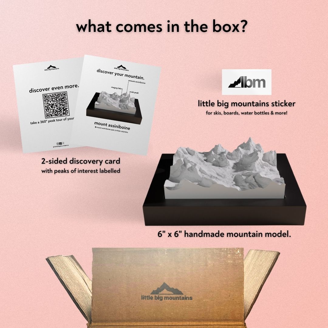 What comes in the box? 2-sided discovery card with peaks of interest labelled, little big mountains sticker for skis, boards, water bottles more, and 6"x6" handmade mountain model.