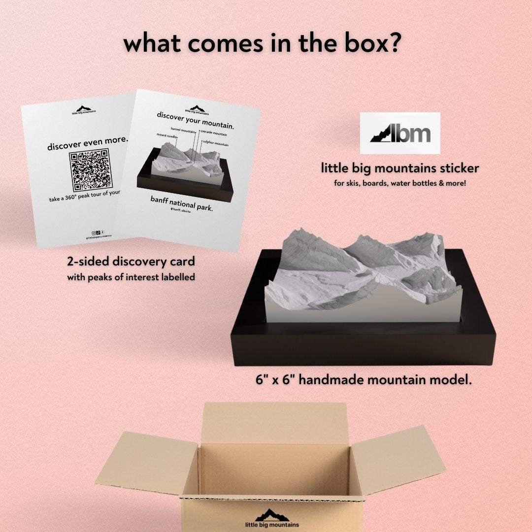 What comes in the box? 2-sided discovery card with peaks of interest labelled, little big mountains sticker for skis, boards, water bottles more, and 6"x6" handmade mountain model.