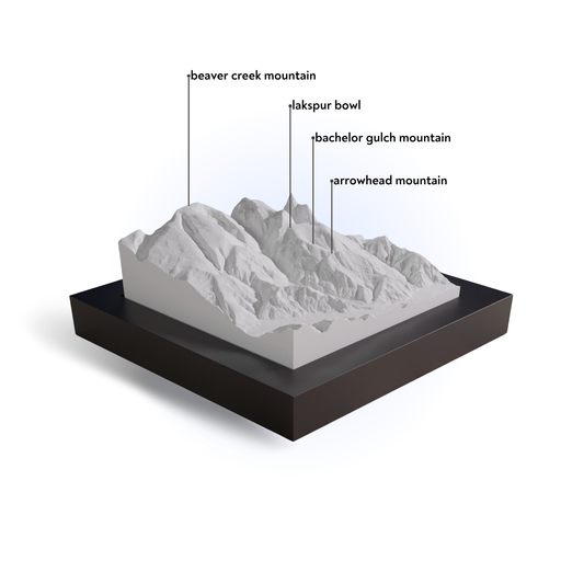 Model of a mountain range with labeled peaks on a white background