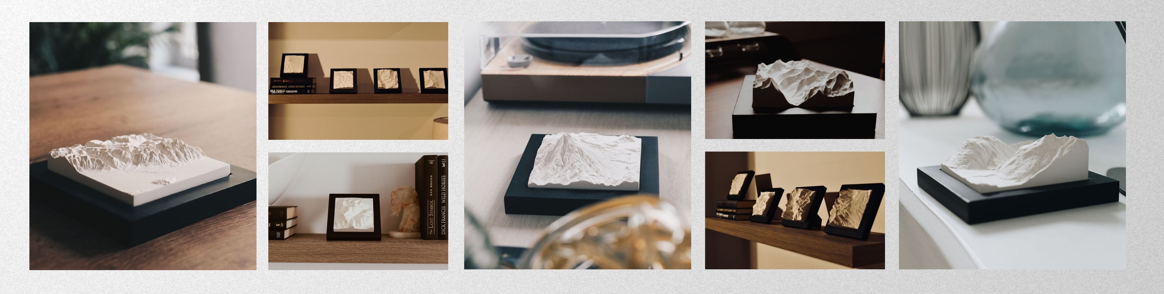 A collage of mountain models on various surfaces.