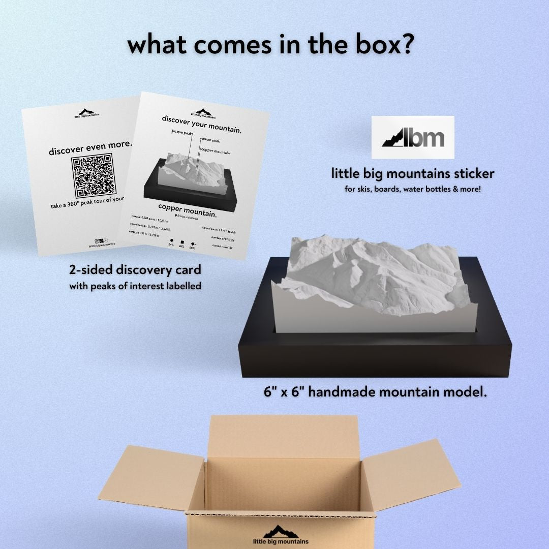 What comes in the box? 2-sided discovery card with peaks of interest labelled, little big mountains sticker for skis, boards, water bottles more, and 6"x6" handmade mountain model.