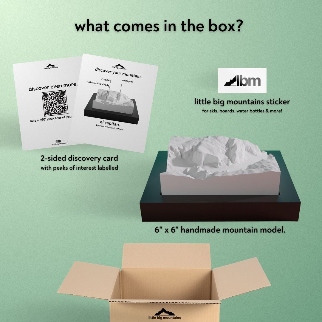 What comes in the box? 2-sided discovery card with peaks of interest labelled, little big mountains sticker for skis, boards, water bottles more, and 6"x6" handmade mountain model.