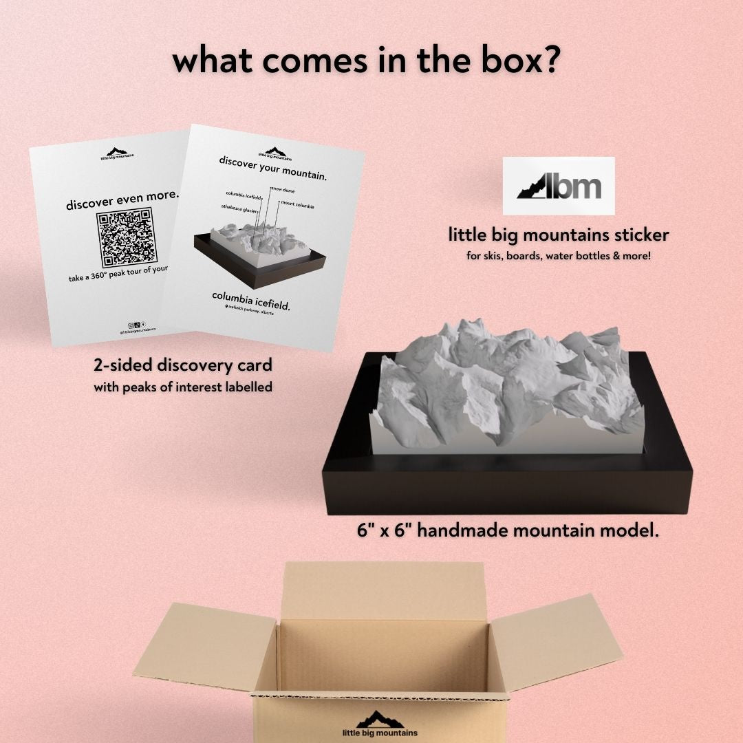 What comes in the box? 2-sided discovery card with peaks of interest labelled, little big mountains sticker for skis, boards, water bottles more, and 6"x6" handmade mountain model.