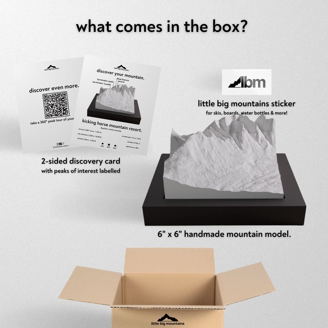 What comes in the box? 2-sided discovery card with peaks of interest labelled, little big mountains sticker for skis, boards, water bottles more, and 6"x6" handmade mountain model.