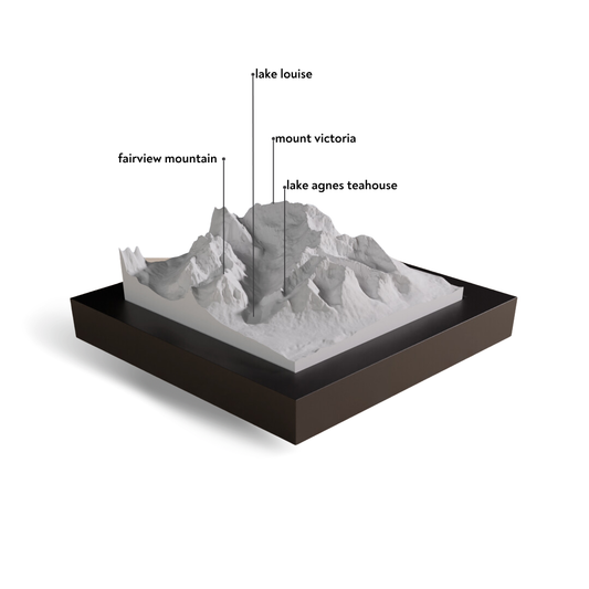 3D model of a mountain with labeled landmarks on a white background