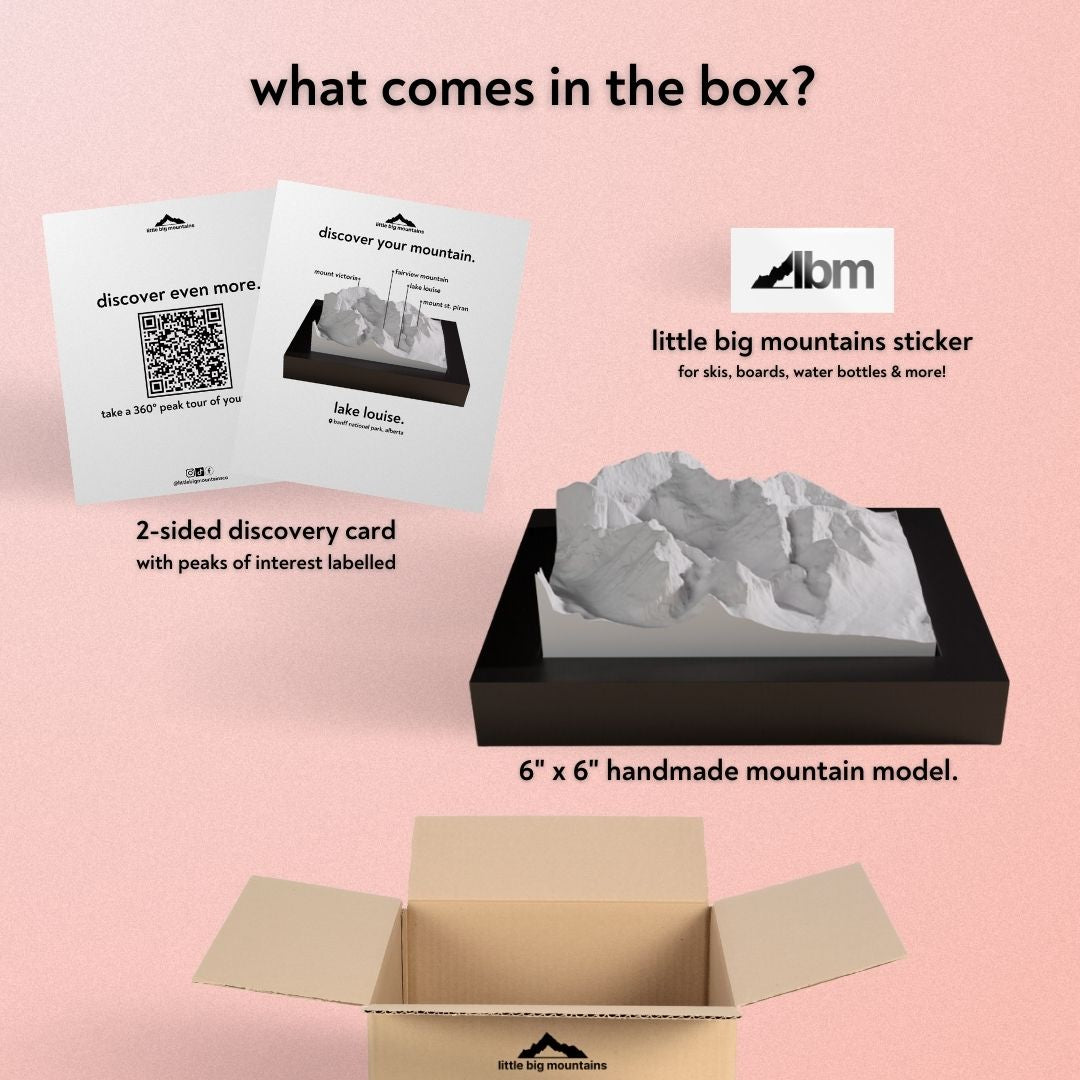 What comes in the box? 2-sided discovery card with peaks of interest labelled, little big mountains sticker for skis, boards, water bottles more, and 6"x6" handmade mountain model.