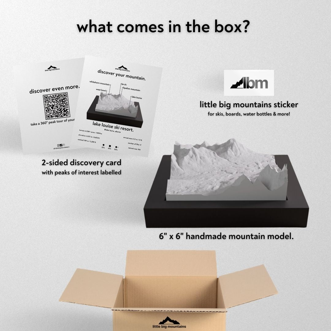 What comes in the box? 2-sided discovery card with peaks of interest labelled, little big mountains sticker for skis, boards, water bottles more, and 6"x6" handmade mountain model.