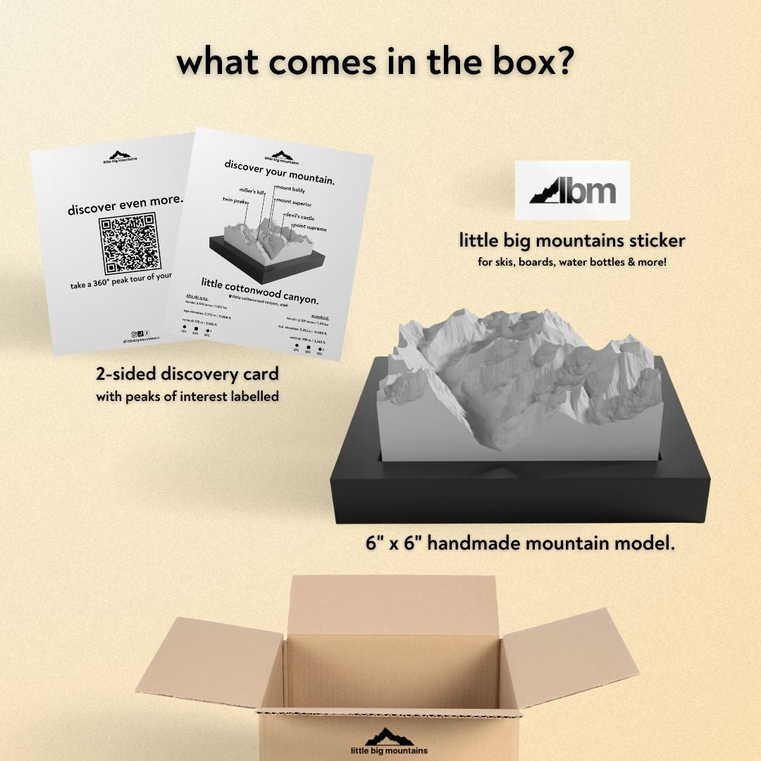 What comes in the box? 2-sided discovery card with peaks of interest labelled, little big mountains sticker for skis, boards, water bottles more, and 6"x6" handmade mountain model.