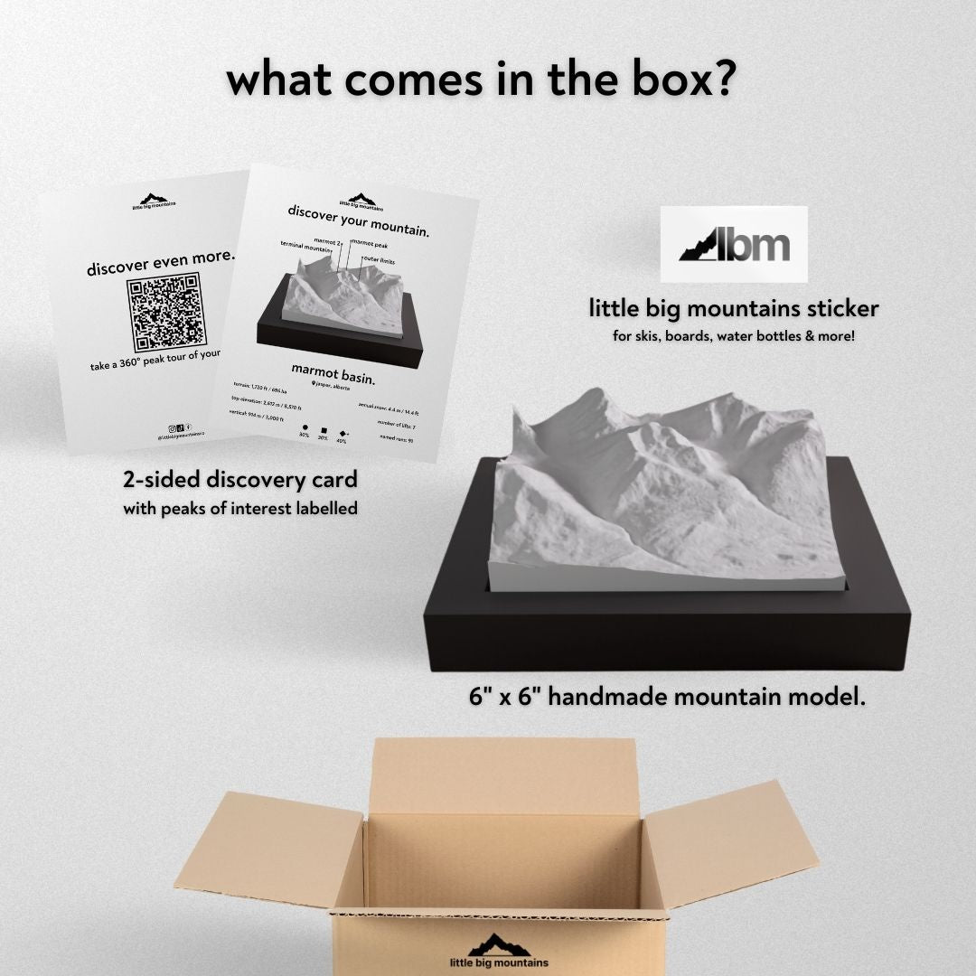 What comes in the box? 2-sided discovery card with peaks of interest labelled, little big mountains sticker for skis, boards, water bottles more, and 6"x6" handmade mountain model.