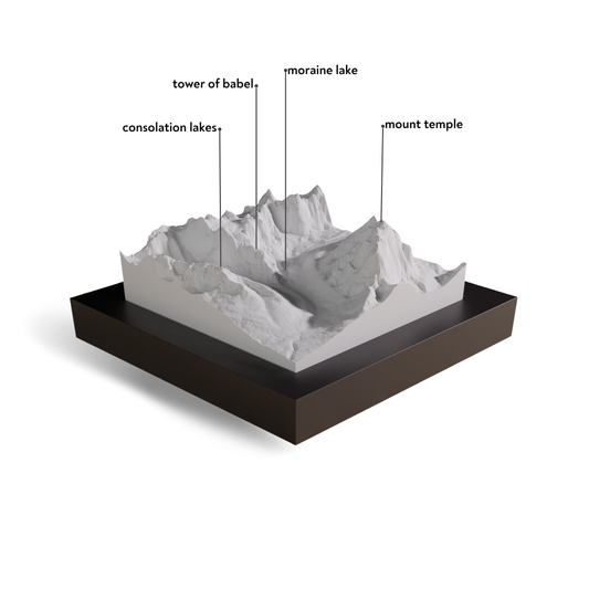 Topographic model of a mountainous landscape with labeled features on a white background