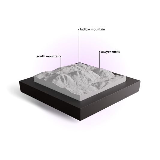 Topographic model of a mountain with labeled features on a white background