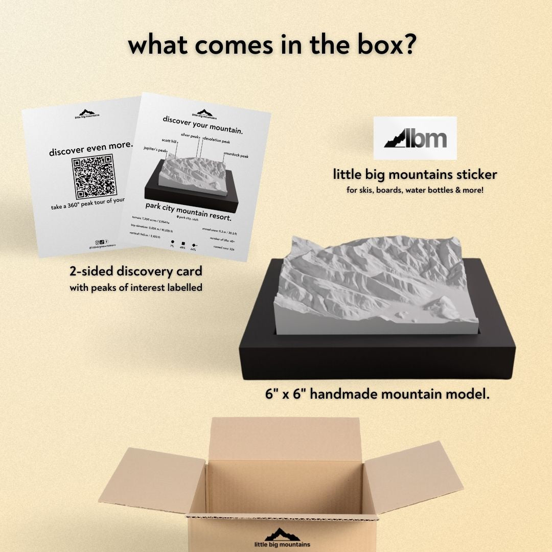 What comes in the box? 2-sided discovery card with peaks of interest labelled, little big mountains sticker for skis, boards, water bottles more, and 6"x6" handmade mountain model.