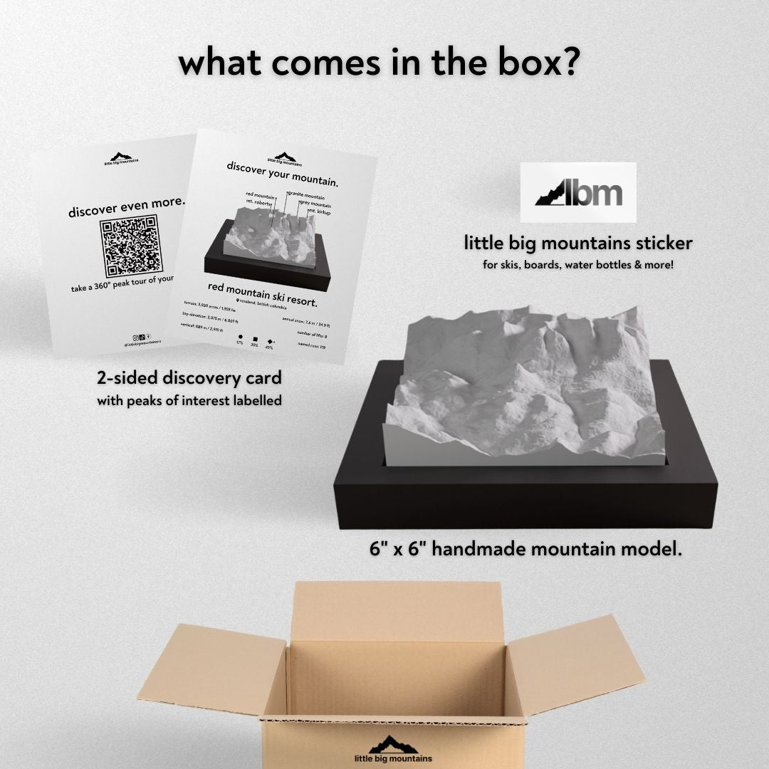 What comes in the box? 2-sided discovery card with peaks of interest labelled, little big mountains sticker for skis, boards, water bottles more, and 6"x6" handmade mountain model.
