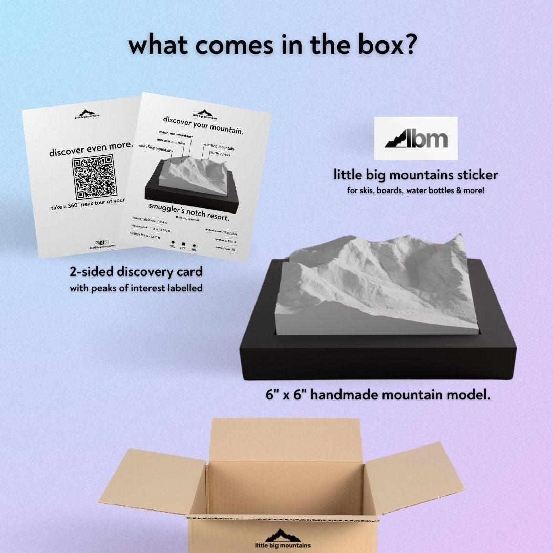What comes in the box? 2-sided discovery card with peaks of interest labelled, little big mountains sticker for skis, boards, water bottles more, and 6"x6" handmade mountain model.