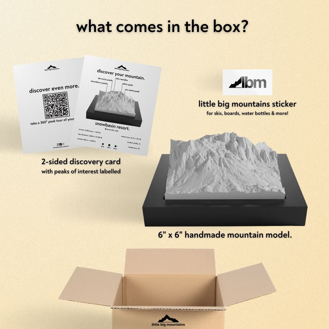 What comes in the box? 2-sided discovery card with peaks of interest labelled, little big mountains sticker for skis, boards, water bottles more, and 6"x6" handmade mountain model.