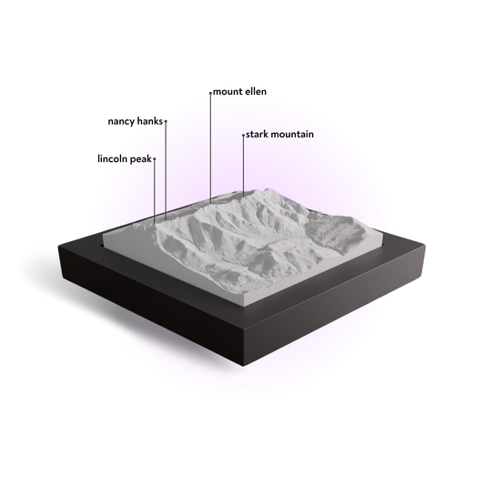 Topographic model of a mountain with labeled peaks on a white background