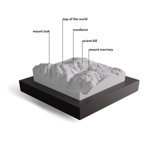 Model of a mountainous landscape with labeled peaks on a white background