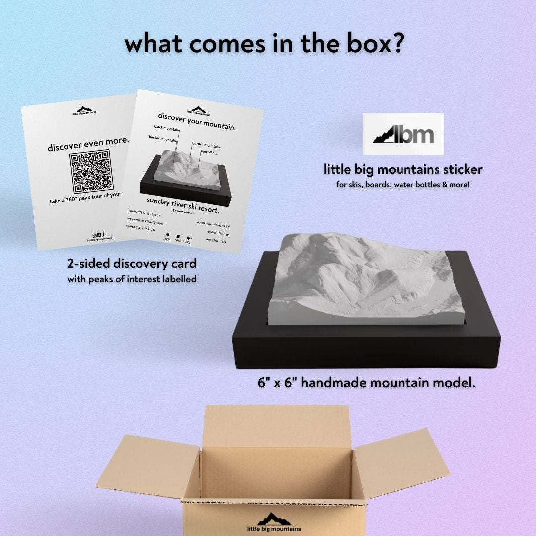 What comes in the box? 2-sided discovery card with peaks of interest labelled, little big mountains sticker for skis, boards, water bottles more, and 6"x6" handmade mountain model.