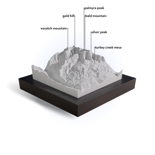 3D model of a mountainous landscape with labeled peaks on a white background