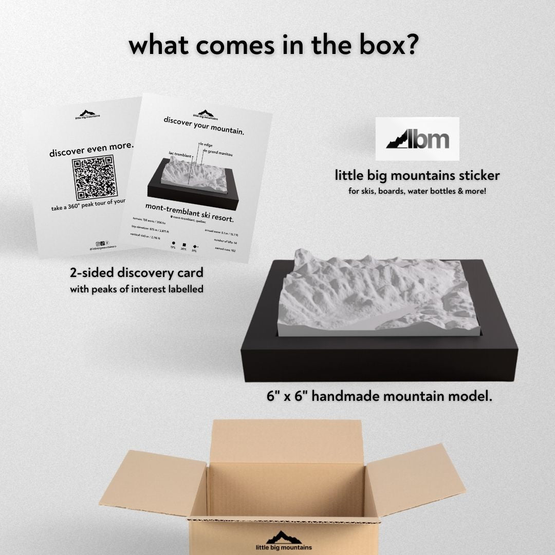 What comes in the box? 2-sided discovery card with peaks of interest labelled, little big mountains sticker for skis, boards, water bottles more, and 6"x6" handmade mountain model.