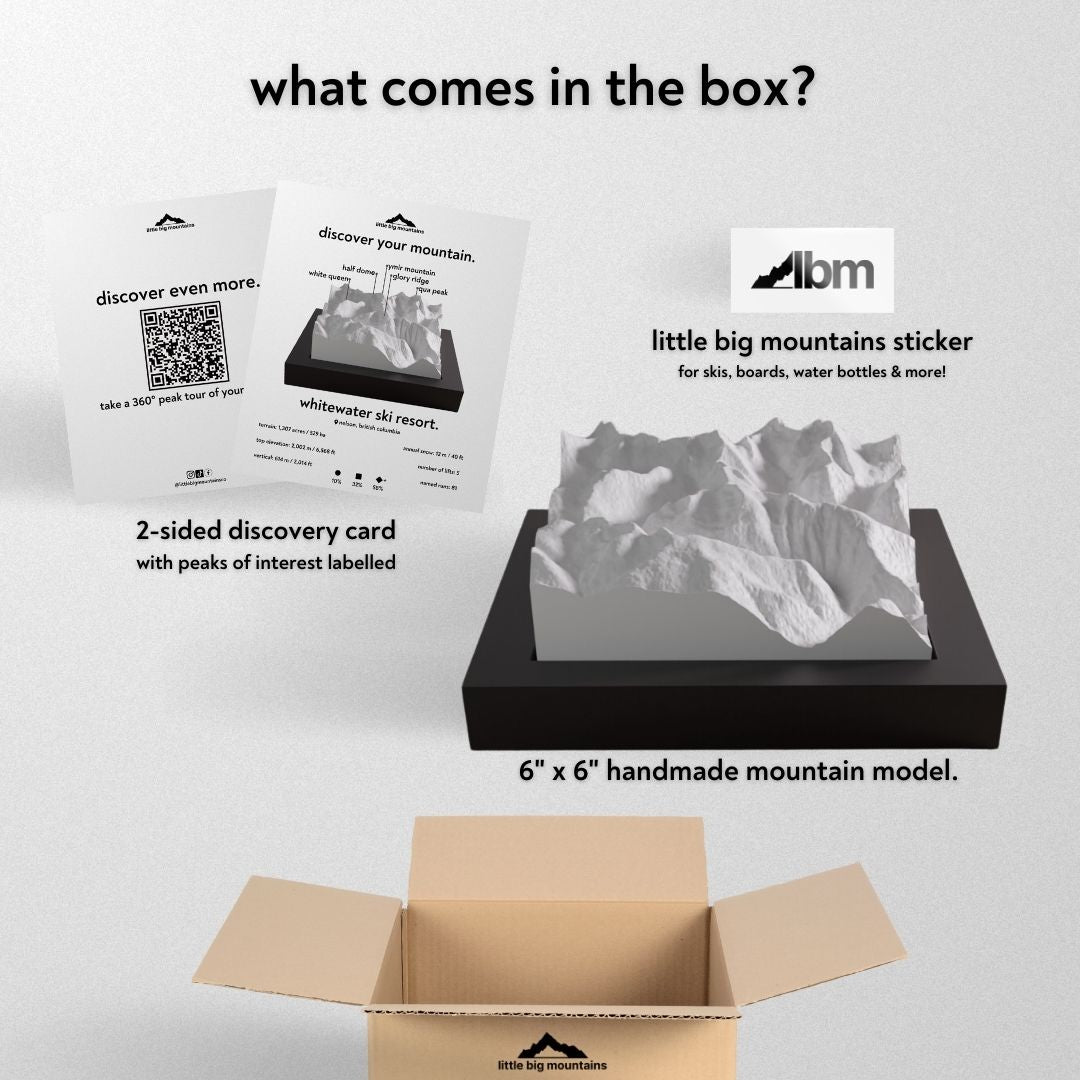 What comes in the box? 2-sided discovery card with peaks of interest labelled, little big mountains sticker for skis, boards, water bottles more, and 6"x6" handmade mountain model.