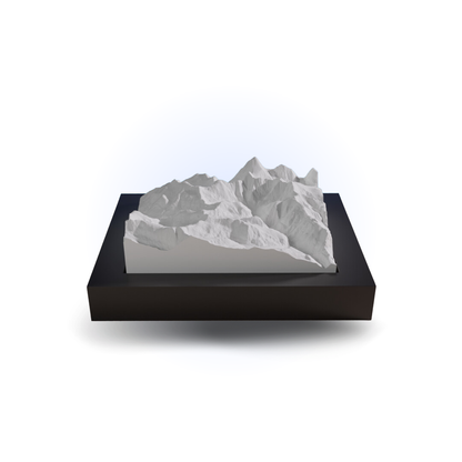 3D mountain model on a black base with a white background