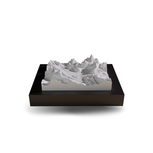 3D mountain model in a black box on a white background