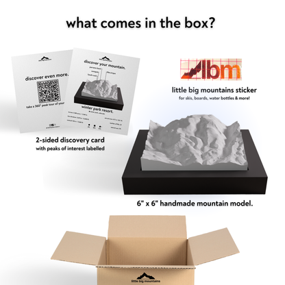 Product packaging with LBM logo, mountain model, and educational materials on a white background