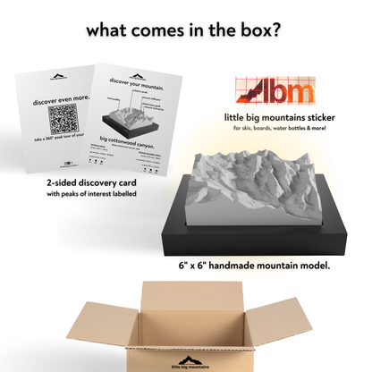 Product packaging with mountain model, discovery card, and sticker on a white background