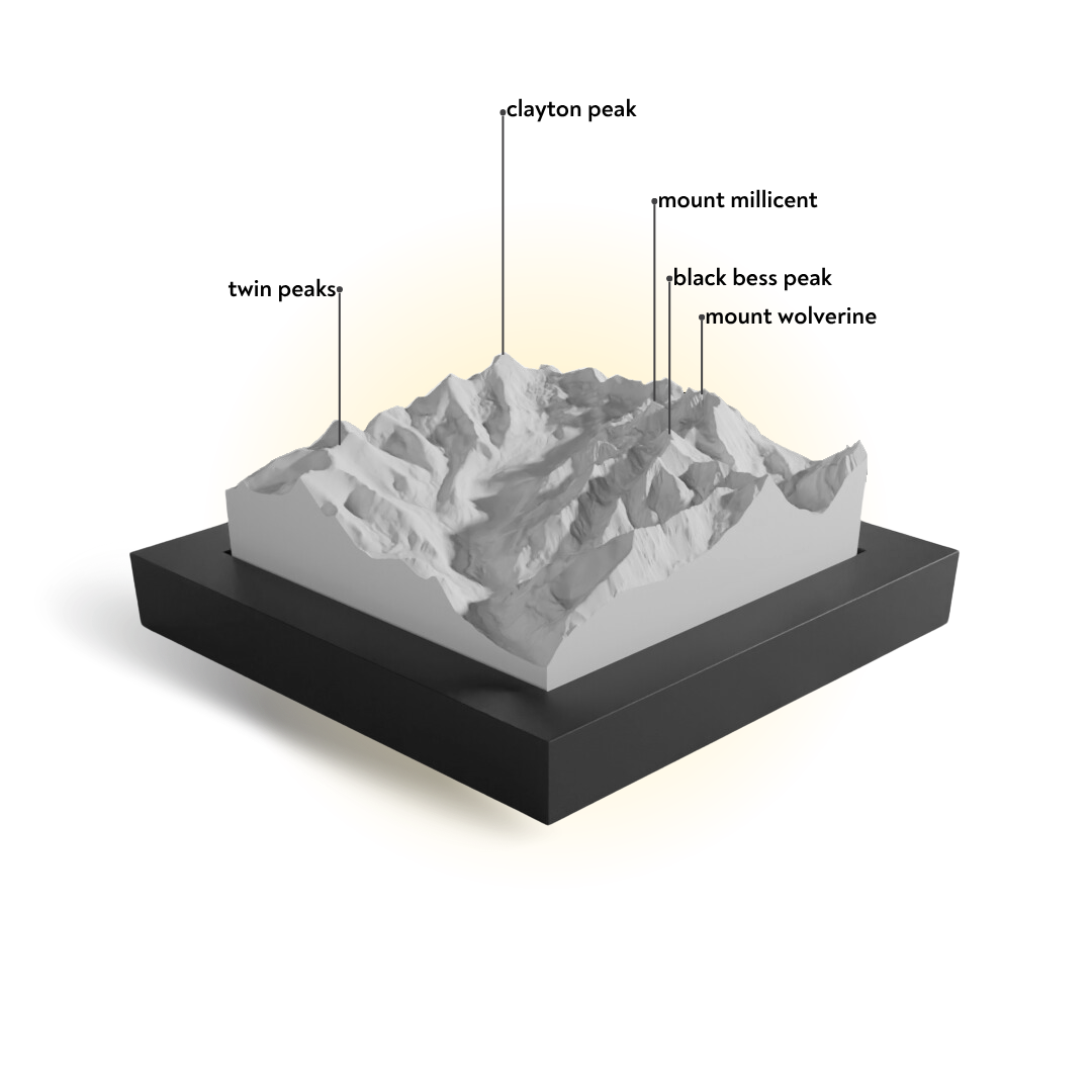 Model of a mountainous landscape with labeled peaks on a white background