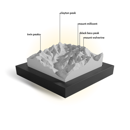 Model of a mountainous landscape with labeled peaks on a white background