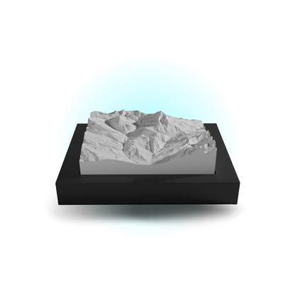3D landscape model on a black base with a white background