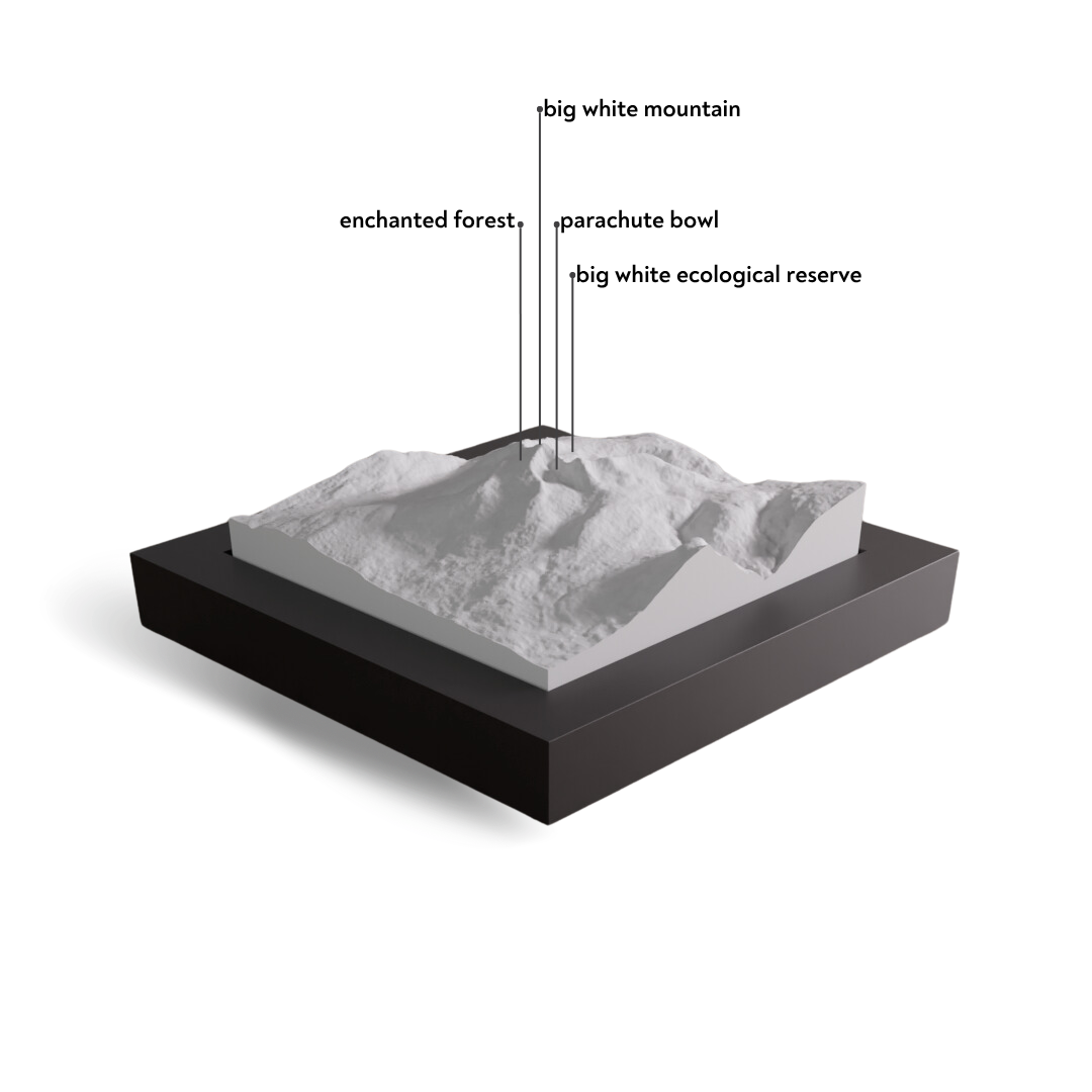 Model of a mountain landscape with labeled features on a white background