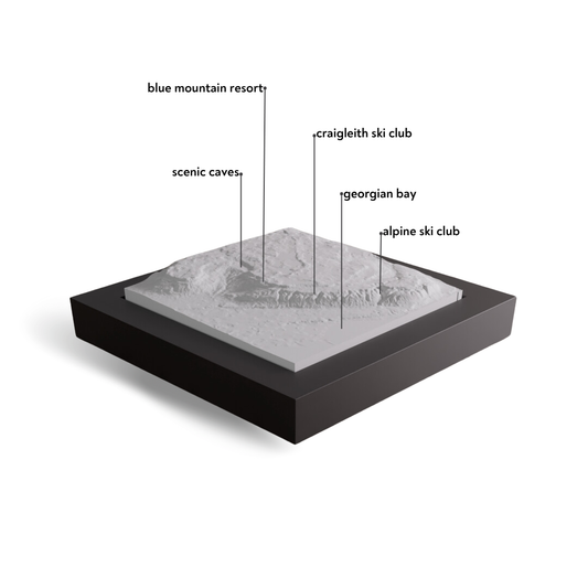 Model of a mountain with labeled locations on a white background