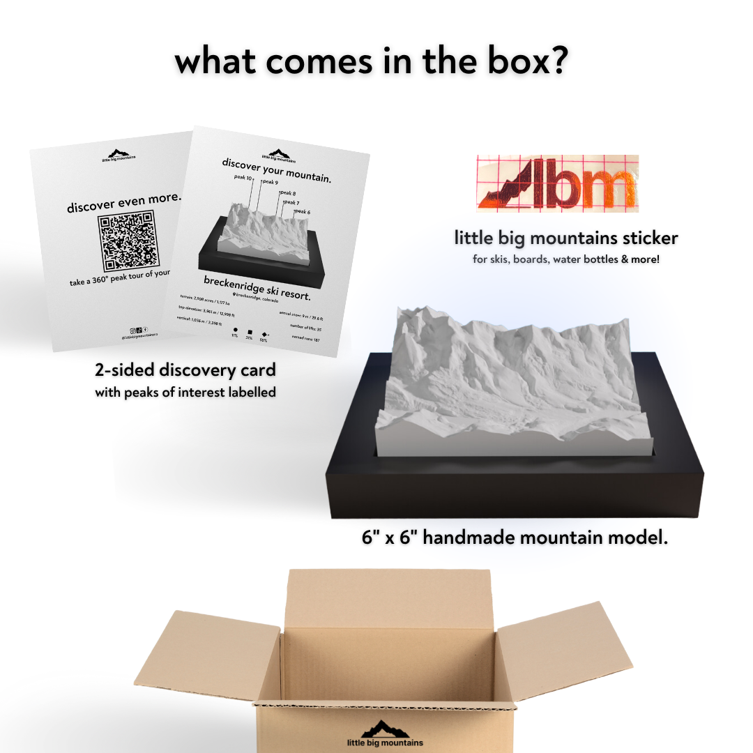 Product packaging with LBM logo, mountain model, and educational materials on a white background