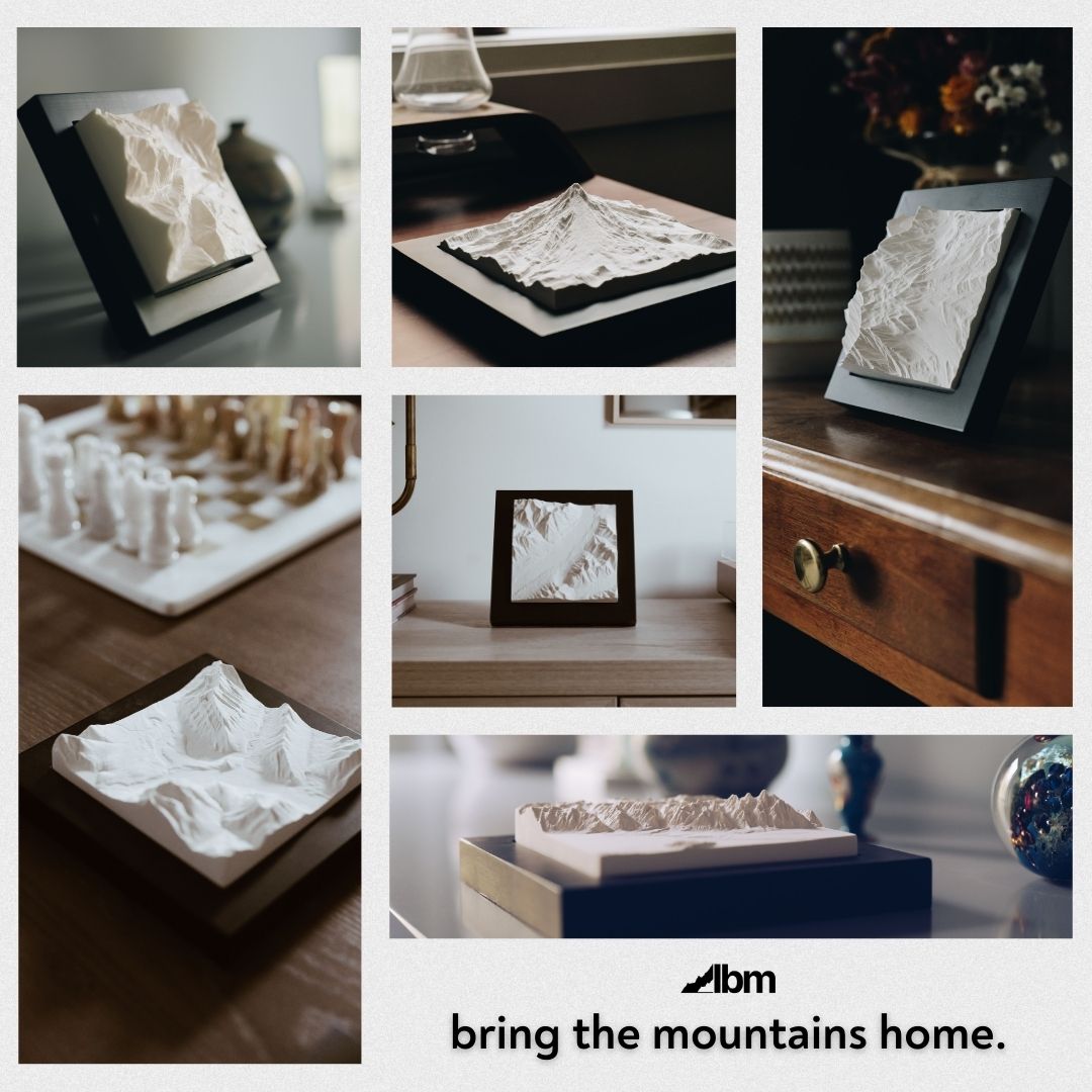 Collage of mountain models on various surfaces in the house, with the caption "bring the mountains home." 