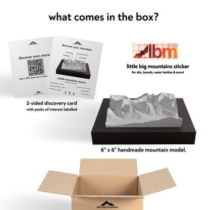 Product packaging with LBM logo and mountain model, discovery card, and sticker.