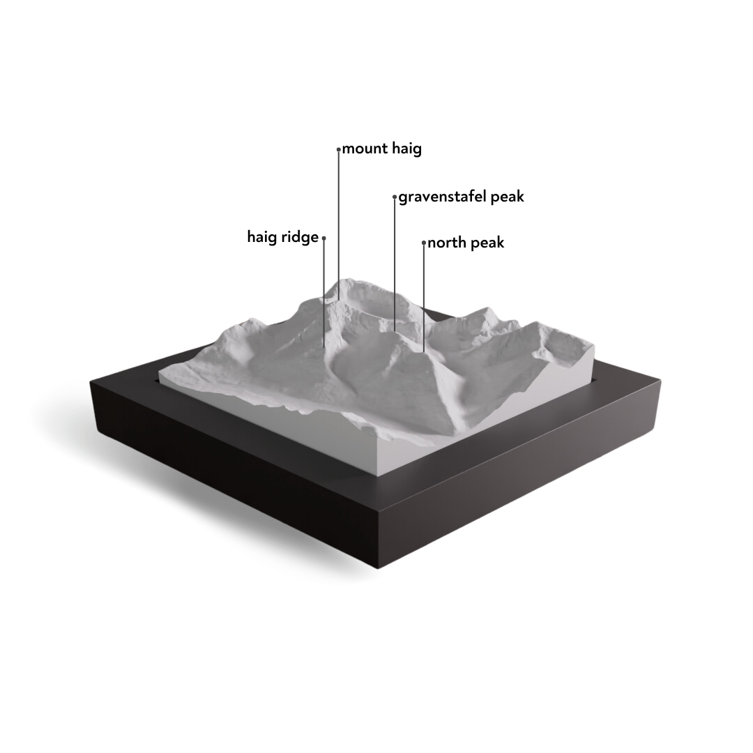 3D model of a mountain with labeled peaks on a white background