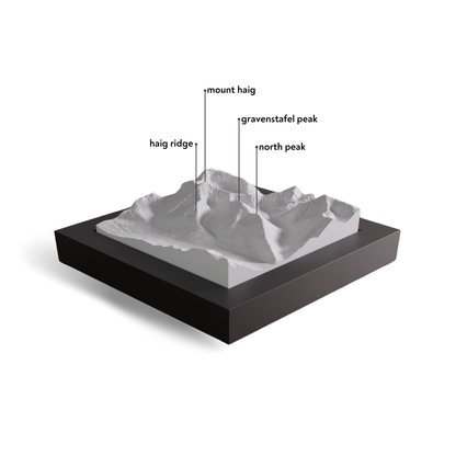 3D model of a mountain with labeled peaks on a white background