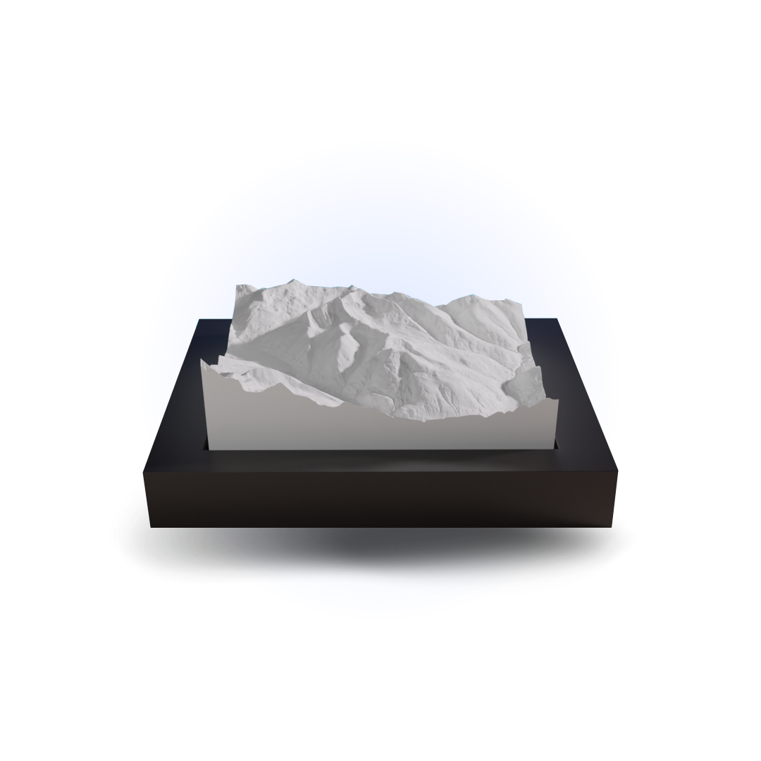3D mountain model on a black base with a white background