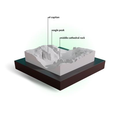 Topographic model of a mountain range with labeled peaks on a white background