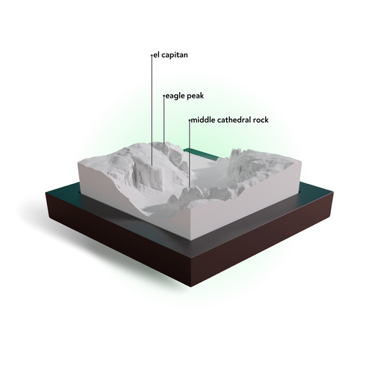 Topographic model of a mountain range with labeled peaks on a white background