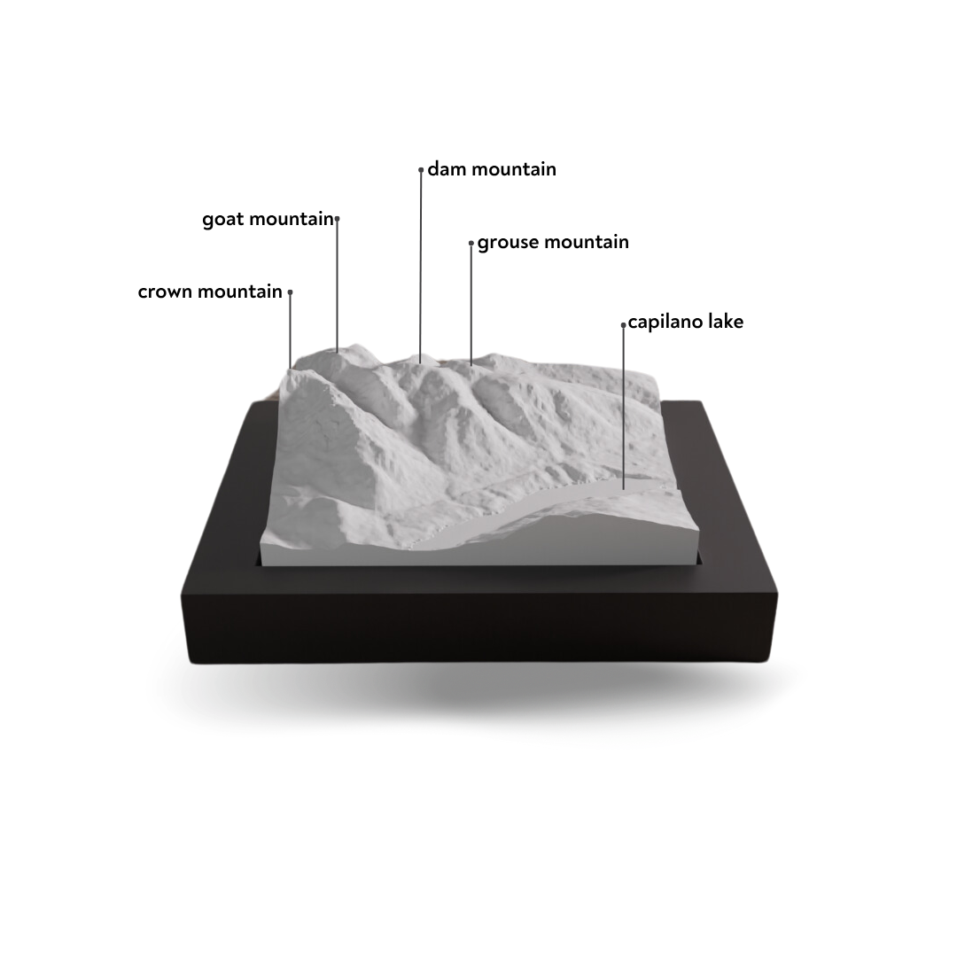 Topographic model of a mountainous landscape with labeled features on a black base.