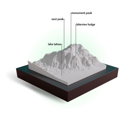 Topographic model of a mountain with labeled peaks on a white background