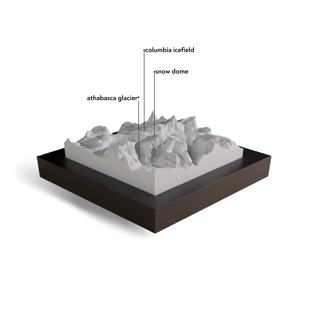 Model of a mountainous landscape with labeled features on a white background