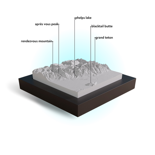 Topographic model of a mountain range with labeled peaks on a white background