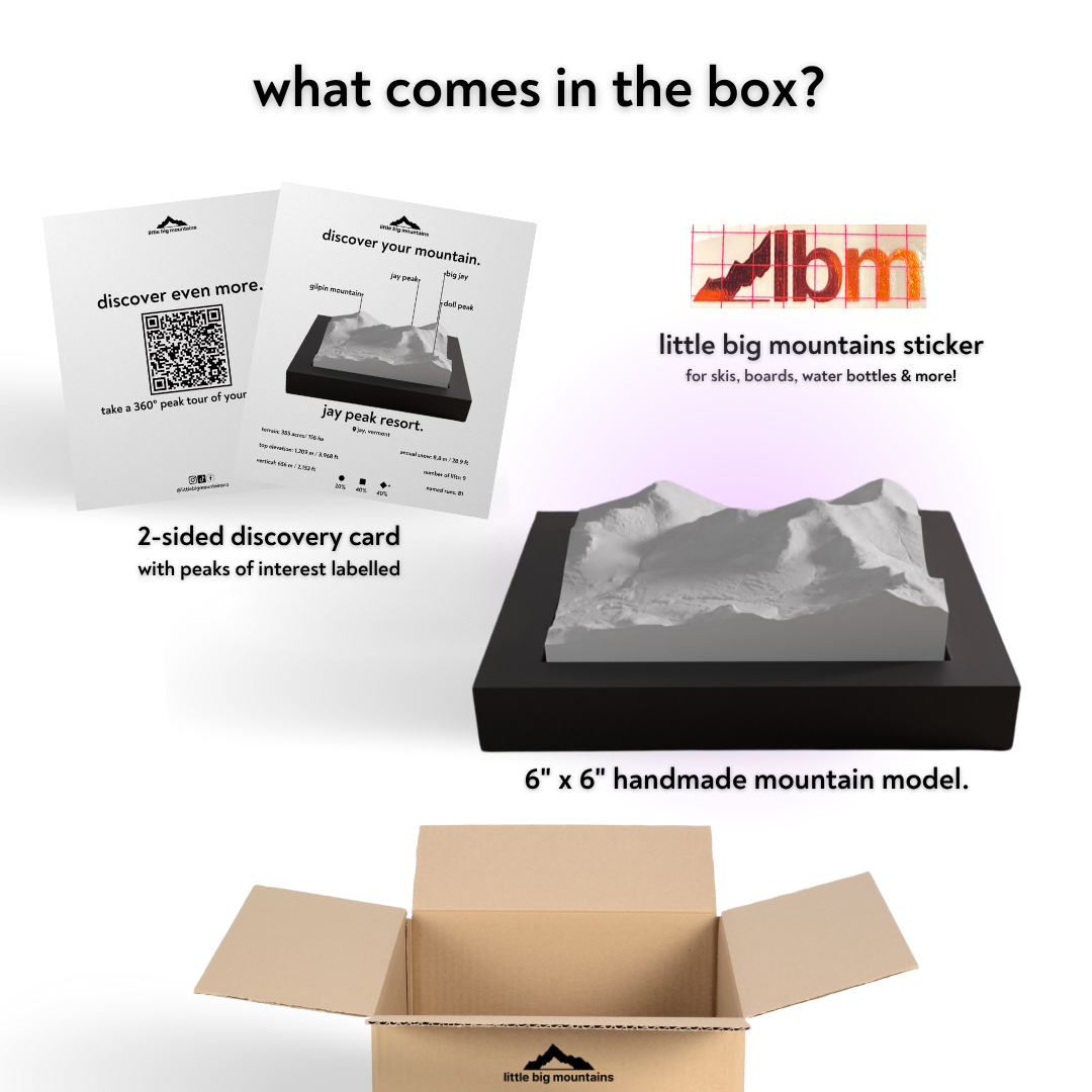 Product packaging with LBM logo, mountain model, and educational materials on a white background