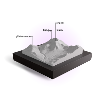 Topographic model of a mountain with labeled peaks on a white background