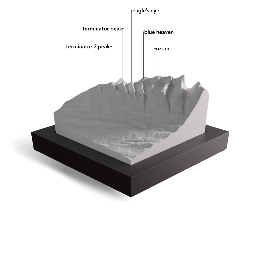 Topographic model with labeled peaks on a white background